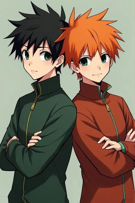 Two twin brothers, one with black hair and the other with orange hair, both with black eyes and a lock of green hair, and the other too., adults and with their arms crossed