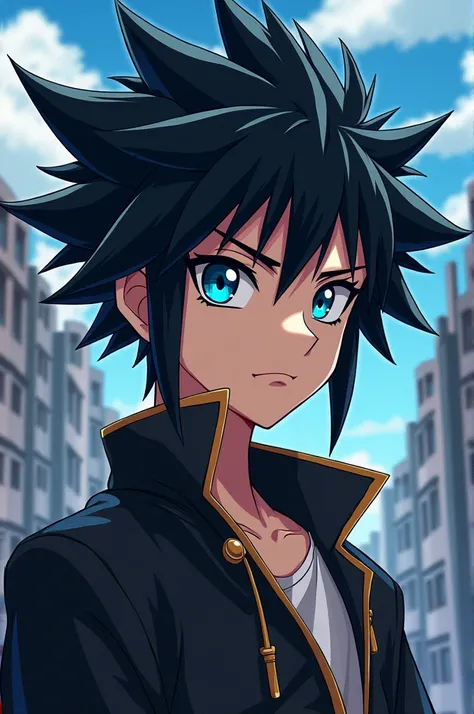 Create an anime style character/mango, similar to the character style of Yu-Gi-Oh!, He has black hair, fair skin and light blue eyes