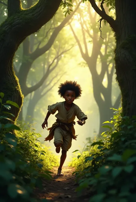 A 1 black boy from the 17th century running through a forest