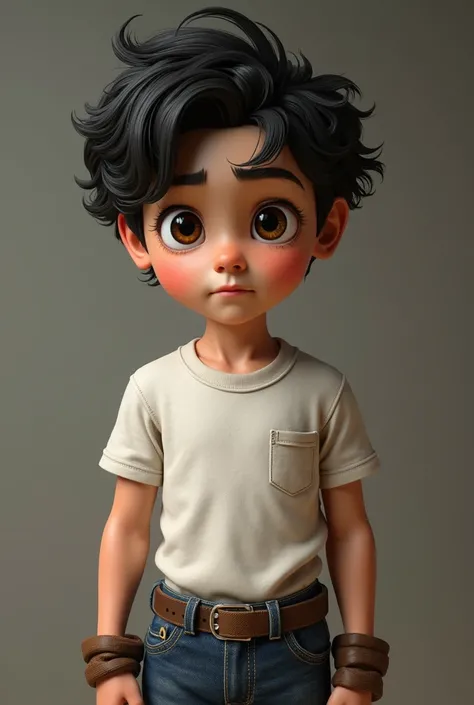 make a  boy with white skin, red cheeks from the sun and very wavy black hair, wearing a white t-shirt and jeans with brown Texan boots tucked into the pants, your black eyes in real life style 