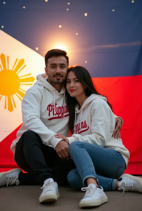 Ang larawan ay nagpapakita ng isang mag-asawa na nakaupo sa harap ng bandila ng Pilipinas. Parehong nakasuot ng puting hoodie na may pulang sulat sa lalake ay Oweng at sa babae ay Cecile. Ang lalaki ay nakasuot ng itim na pantalon at puting sapatos, habang...