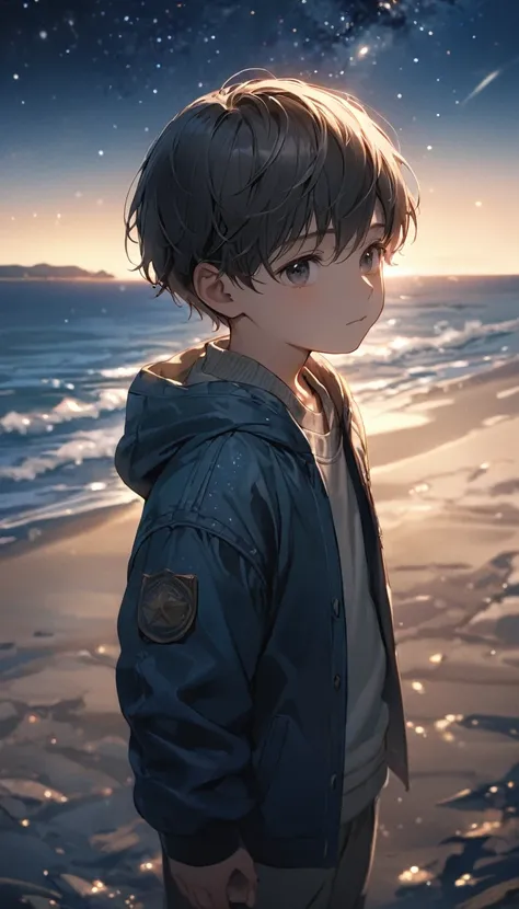 (masterpiece,,Beautiful and aesthetic:1.2),(High Detail Skin:1.2),8K Ultra HD,,Soft lighting,high quality,Film Grain,((1boy,male)),Solitary,Short hair,Sleeveless Food,jacket, boy,,child们,child,,Starry Sky,seaside