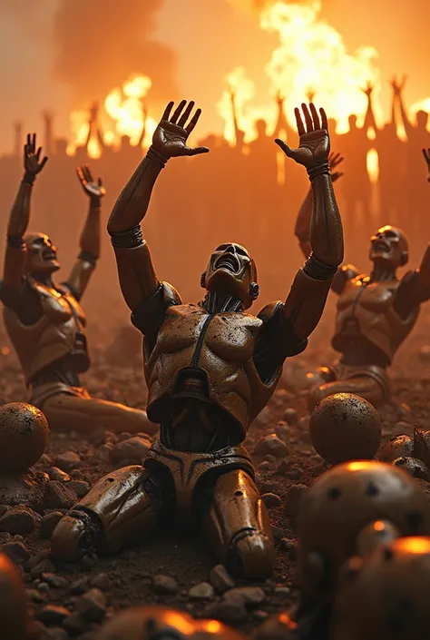 Melting robots burning on the ground calling for help and stretching their arms up! Humanity rejoices!