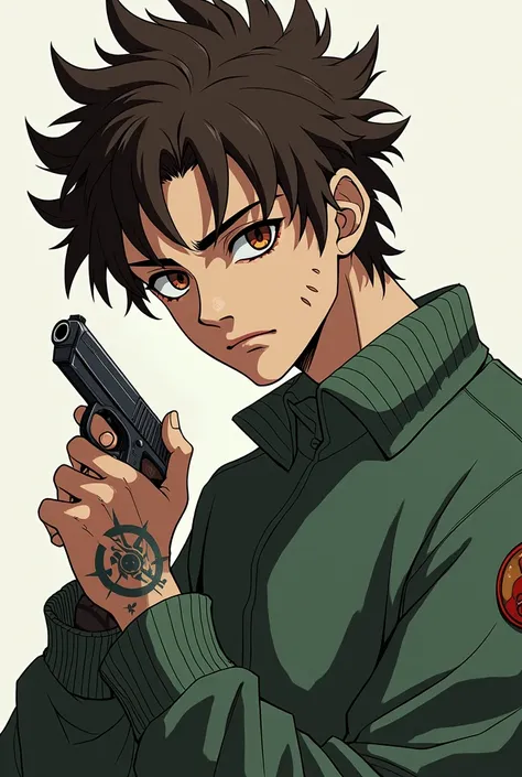 A boy drawn in Naruto style, white skin, cabello crespo color castaÑo, ojos color castaÑo, with a gun in his hand, with a serious and cold expression, dark circles under the eyes, with a green sweater and a tattoo on his arm, debe tener la edad de unos 21 ...