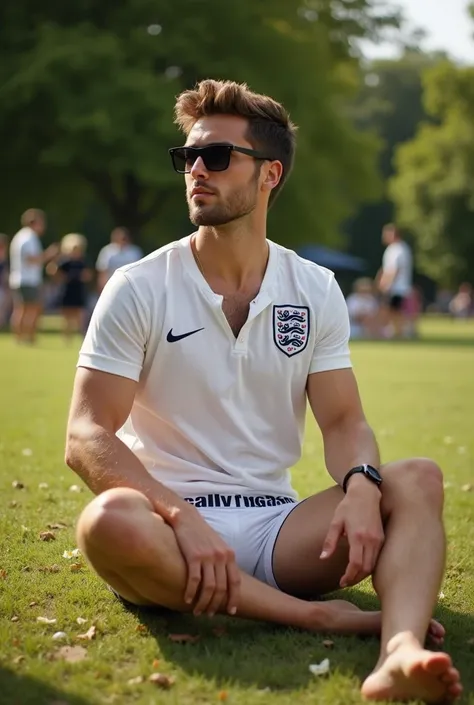 Louis tomlinson, 3 British singer-songwriter sitting in a park with an England football shirt pulled up slightly, showing off his abs, sunglasses and only on the bottom a Calvin Klein boxer shorts showing the bulge and barefoot.