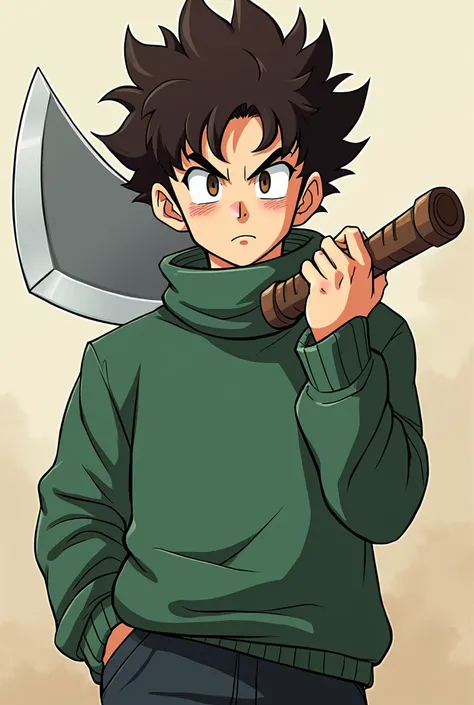 A boy drawn in dragon ball style, white skin, cabello crespo color castaÑo, ojos color castaÑo, with a machete in hand, with a serious and cold expression, dark circles under the eyes, with a green sweater and a tattoo on his arm, debe tener la edad de uno...