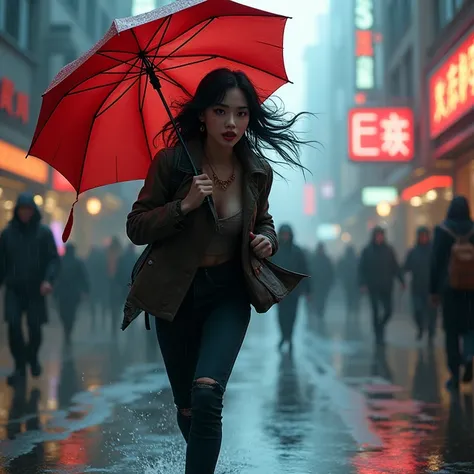 a woman running down a crowded rainy street, holding a red umbrella, beautiful detailed face with fangs, highly detailed, 8k, anime, photorealistic, masterpiece, cinematic lighting, dynamic motion blur, dramatic lighting, vibrant colors, rainy city street,...