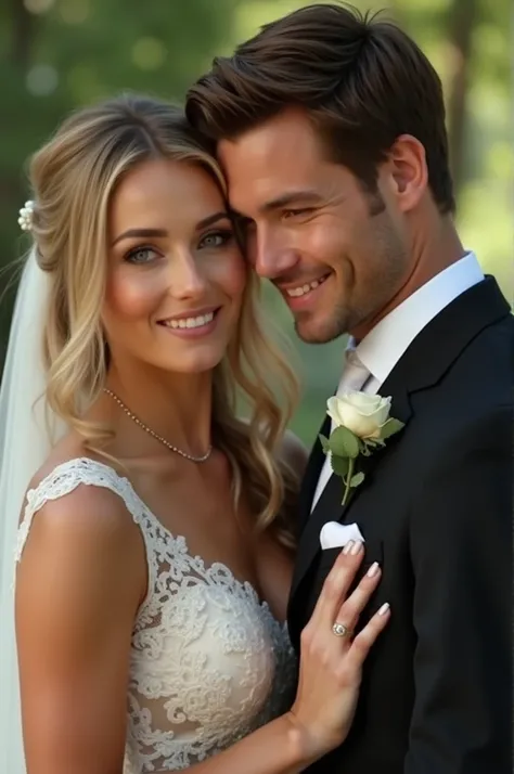 ((best quality)), ((masterpiece)), (detailed), perfect face. A woman with Blake Lively&#39;s features and a man with Christian Grey&#39;s features, they are at a friend&#39;s wedding with their 5 month old baby