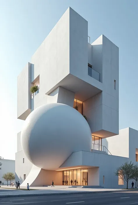 Cteate a building that consist a sphere shapes and cube shape