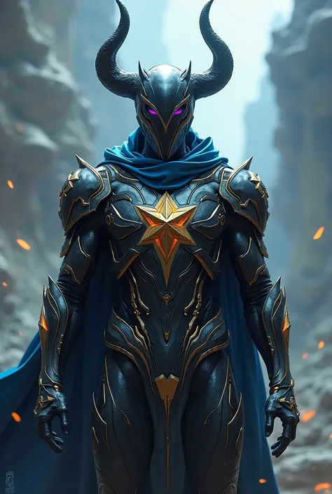 an anti-hero with cosmic armor like Omen from Valorant, black and blue and gold details, black mask, with gold star symbol on chest and black horn 