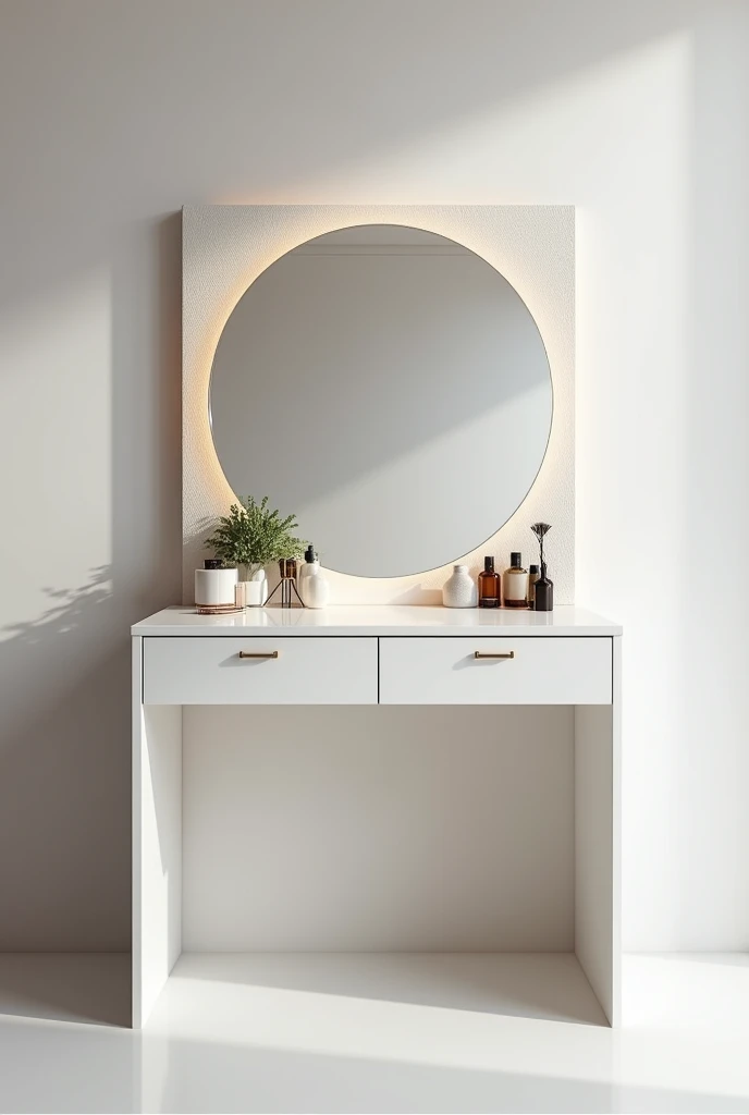 60cm wide dressing table in white with puff Sanding behind the mirror to store perfume creams, and 2 drawers for jewelry and makeup 
