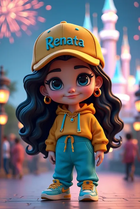 A whimsical and vibrant 3D render illustration of a chibi character named Circe. She has long, wavy black hair adorned with a gold cap that features her name Renata in royal aquamarine. Circe wears a stylish aquamarine and gold sweatpants ensemble, complet...