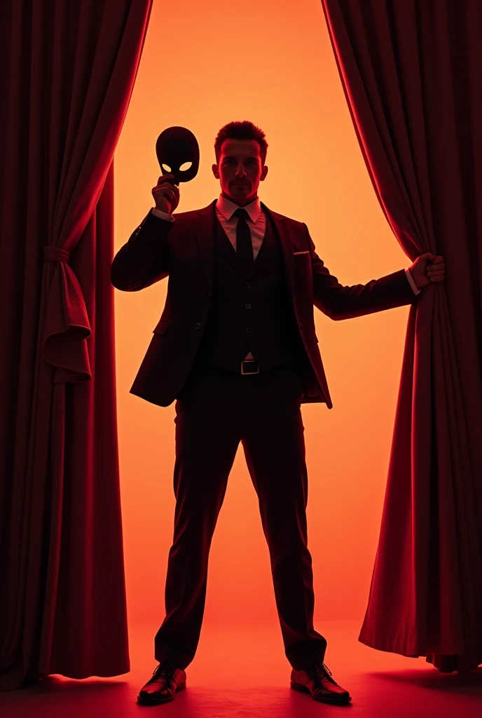 Man in suit. Body facing forward. Right arm stretched out to the right and holds curtain with straight hand. Want to make this. With his left hand he holds a mask in front of his face. Bright image
