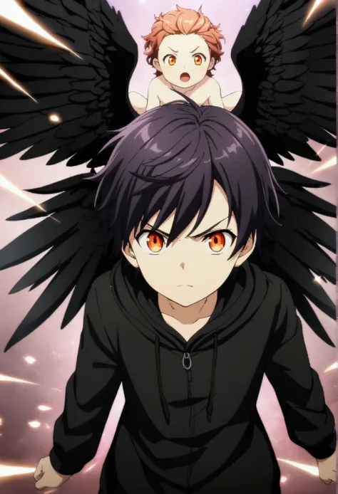 1boy, dark purple hair, orange eyes, black clothes, cherub, 4 black wings, black wings, CG, screenshot, teenage