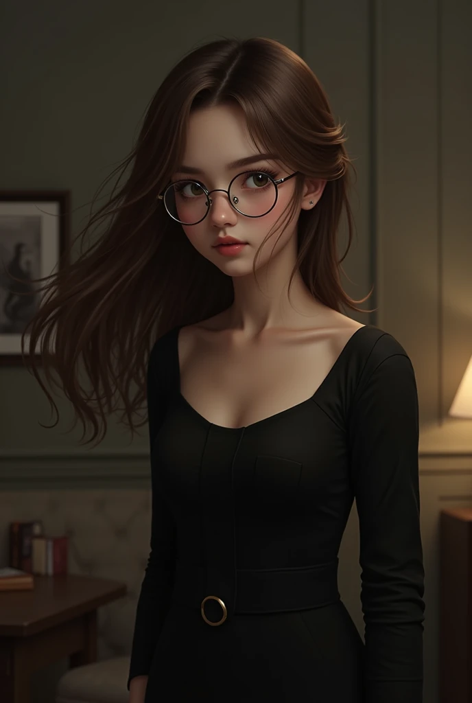 a girl in a black dress, round glasses, brown hair