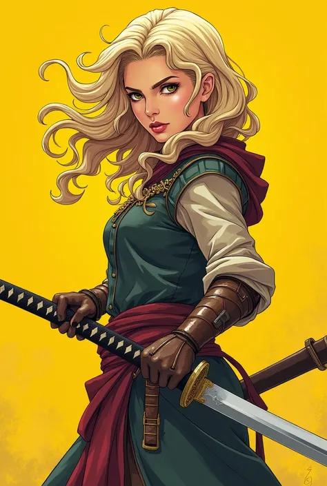 warrior, joana dArc the french woman curly blonde, katana, samurai, the katana next to her face, anime, background yellow