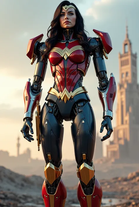 A giant robot inspired by Wonder Woman. The robots surface is glossy with metallic colors, and the face resembles a beautiful womans face but with robotic features. The design should reflect strength and elegance, combining futuristic elements with the ico...