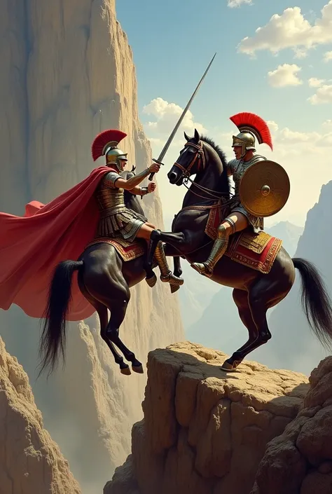 Epic neoclassical painting of two Roman soldiers on horseback, fighting to the death on the edge of a mountain, Under the afternoon sun 

