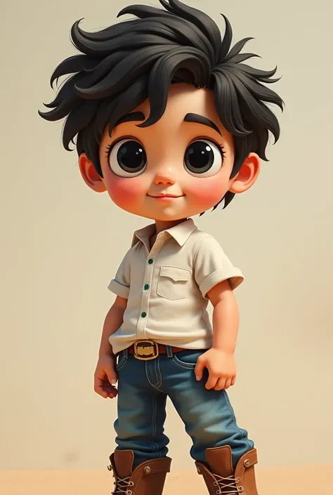 a  realistic style boy with white skin, red cheeks from the sun and very wavy black hair, wearing a white shirt and jeans with brown Texan boots tucked into the pants, Seus olhos pretos 