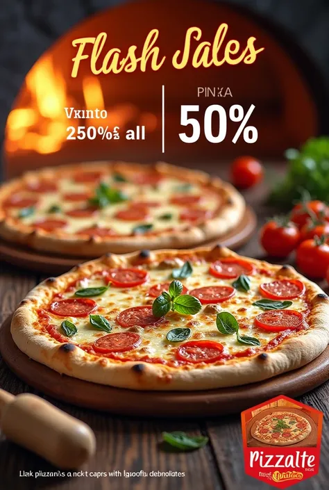 Diseña un pOst visualmente atractivO para prOmOciOnar una Oferta "Flash Sales" at the artisanal pizza company PIZZARTE. El pOst debe incluir imágenes apetitOsas de las pizzas, un textO llamativO cOmO "¡Oferta pOr tiempO limitadO! 50% de descuentO en tu piz...