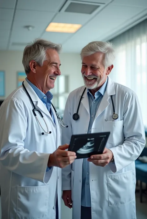 Create an image of a male doctor showing an ultrasound scan to his male doctor colleague while they both laugh
