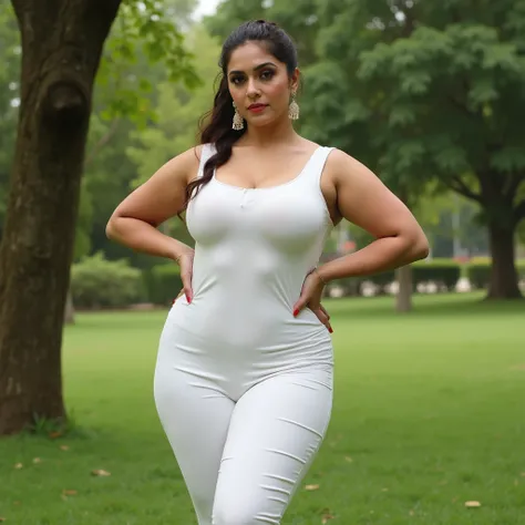 A photo of Kareena Kapoor with plus-sized, wearing a tight-fitting sleeveless kurta with tight fitting white slim-fit leggings. Her hair is styled in a traditional updo, earrings to accentuate her outfit, clear demonstration to underarms, hand on hip, slig...