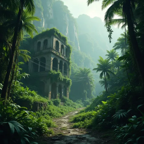 Desolate, abandoned, eerie, tropical.