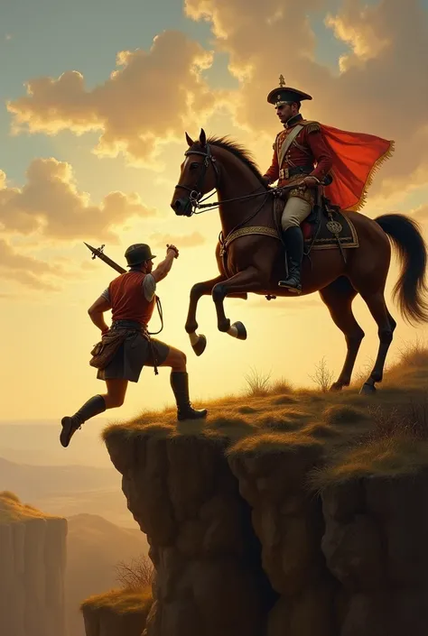 Neoclassical painting of a soldier on horseback threatening another soldier who is defending himself with a spear from the ground on the edge of a cliff at sunrise 
