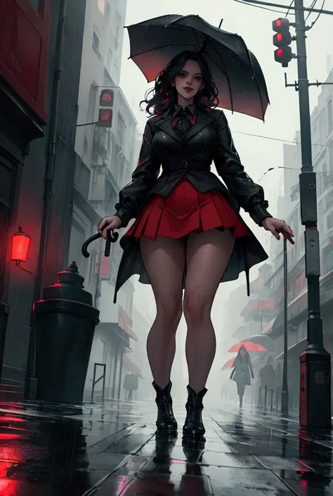 a woman running down a crowded rainy street, holding a red umbrella, beautiful detailed eyes, beautiful detailed lips, extremely detailed face, long eyelashes, short red mini skirt, 8k, highly detailed, masterpiece, cinematic lighting, dynamic motion blur,...