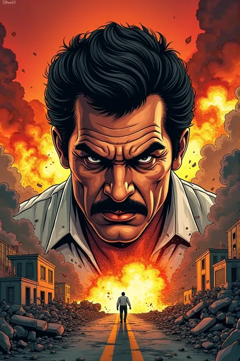 You need to make a drawing with Pablo Escobar&#39;s face and explosions and buildings destroyed by bombs in the background, comic book style.