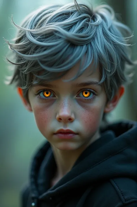 A boy with gray hair and amber wolf eyes 