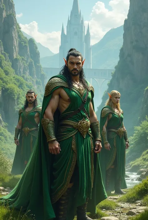 Fantasy green warriors hot men elves in front of elves kingdoms landscape 