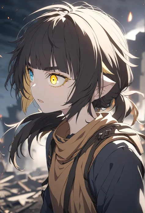 A guy, solo, Sheep ears, Goat ears, yellow eyes, spiral eyes, eyebrows knitted, Heterochromia of the pupils, amber eyes, Colored eyelashes, long eyelashes, Brown hair, Black hair, blonde hair, Neat bangs, Messy hairstyle, Short Double Ponytails, low ponyta...