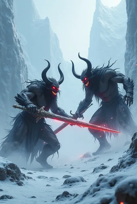  Two Oni demons in a icy background with swords fighting against other black entities. Hyper realistic.