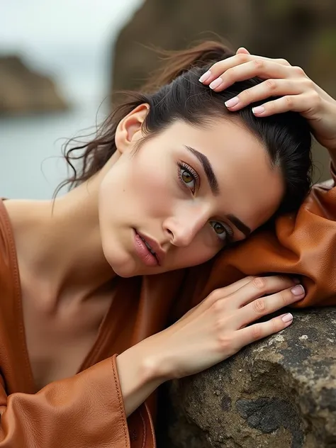 Arapheda woman leaning on a stone, putting his hand on his head, portrait of Sophie Mudd, flawless olive skin, by Emma Andijewska, diffused natural skin glow, photoshoot for skincare brand, beautiful model, beauty campaign, pretty female Phoebe Tonkin, wet...