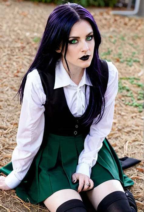 Ravenna Blackwood ,  a goth witch with pale white skin and long spilt dyed purple and black hair.emerald green eyes  wearing the Evercrest Academy uniform black skirt .  Lacey white  dress shirt and a black sweater vest .  Looking down at the ground
, 