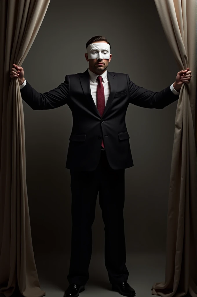 Man in suit has his body facing forward. His right arm is stretched out to the right, and with his right hand he also holds a curtain. Want to close this. With the OTHER hand he HOLDS a mask in front of his face.
