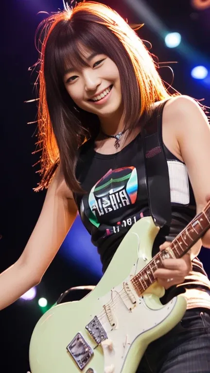 ((Japanese woman playing electric guitar on stage at a rock concert:1.3))、(Tabletop)、(Highest quality、8k、Famous Paintings:1.2、RAW Photos)、(Real:1.2)、(An innocent Japanese woman:1.2、smile:1.5、Idol&#39;(Stand with feet apart:1.2、White panty shot:1.4)、(A T-sh...