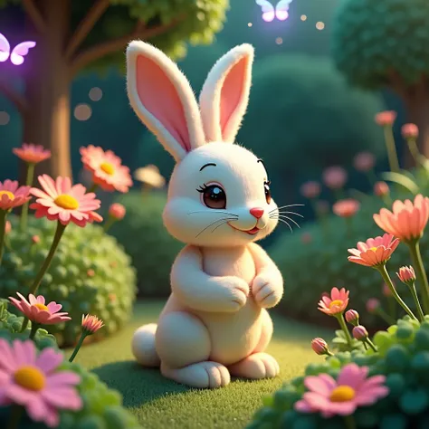 pink plush bunny, cute, black eyes, childrens storybook style, high detail, 8k, masterpiece, photorealistic, vibrant colors, soft lighting, whimsical, adorable, fluffy, detailed fur texture, button nose, long eyelashes, gentle expression, serene background...