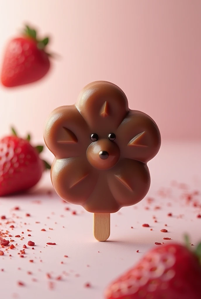 An image representing a product, a polar bear representing the brand of a frozen snack in the shape of a flower, the snack covered in brown chocolate and with a toothpick and is strawberry flavored
 