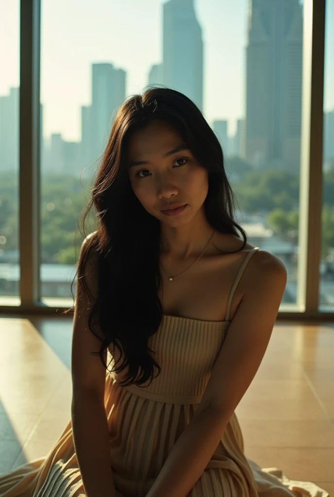 Masterpiece, 8K A white-skinned Indonesian woman with a gloomy face, the left side of her face and body looks brighter because of the sunlight that penetrates the large window, with long black hair sitting facing the camera, looking at the camera. Behind h...