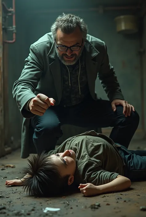 Rebellious boy with cool look crying and lying on the floor and boy with glasses scientist with his fist threatening