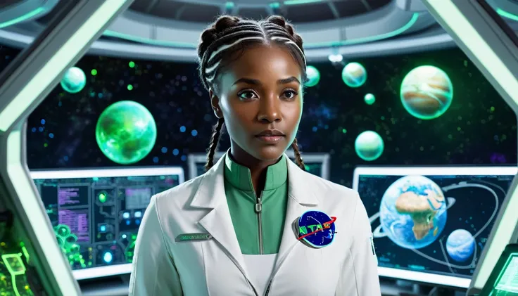 A 3 scientist with dark skin and short braided hair, wearing a white uniform with green accents. She stands in the spaceship’s lab, surrounded by scientific equipment and holographic projections of planets and stars, analyzing data and discussing new disco...