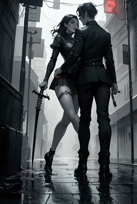 a woman sword fighting with a man on a crowded rainy street, beautiful detailed eyes, beautiful detailed lips, extremely detailed face, long eyelashes, short red mini skirt,thin elegant build, 8k, highly detailed, masterpiece, cinematic lighting, dynamic m...