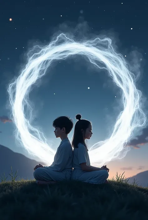 Two people (boy and girl) that qi is cultivated, sitting back to back. An aura of white and black colors swirls around them.. They sit on the grass on the mountainside at night