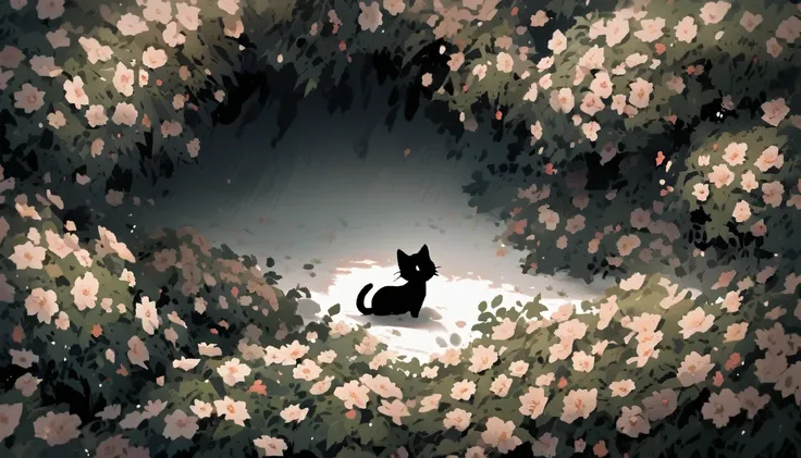 A black kitten lying in the flowers ，No characters, gradually transforming in horror scene