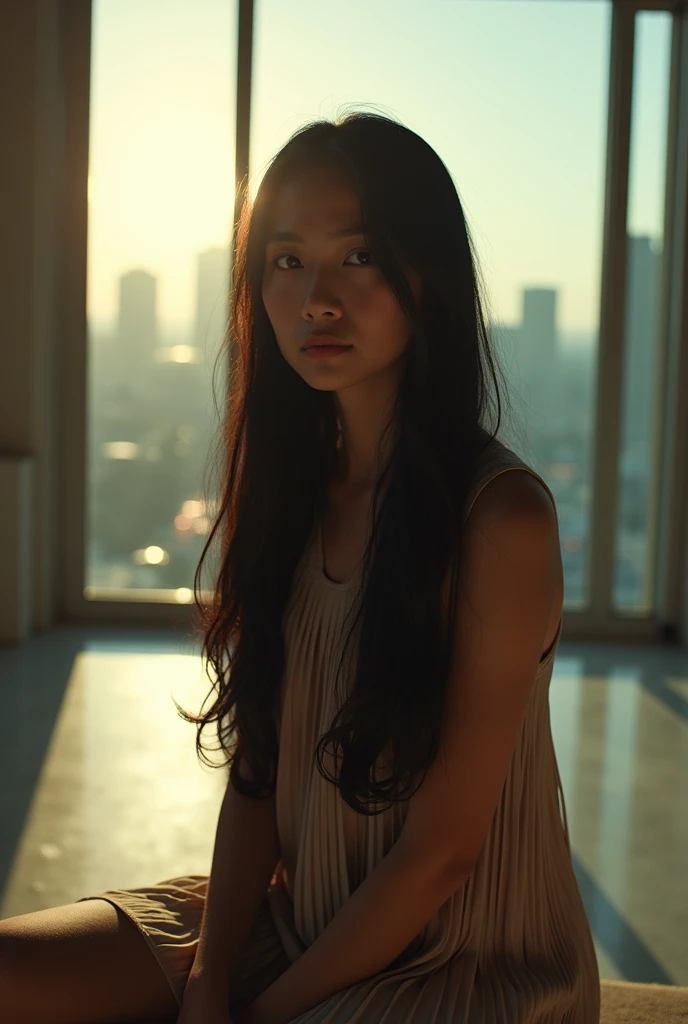 Masterpiece, 8K A white-skinned Indonesian woman with a gloomy face, the left side of her face and body looks brighter because of the sunlight that penetrates the large window, with long black hair sitting facing the camera, looking at the camera. Behind h...