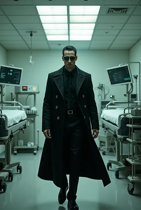 Create Neo&#39;s image, Matrix hero in an obstetrics center surrounded by equipment?