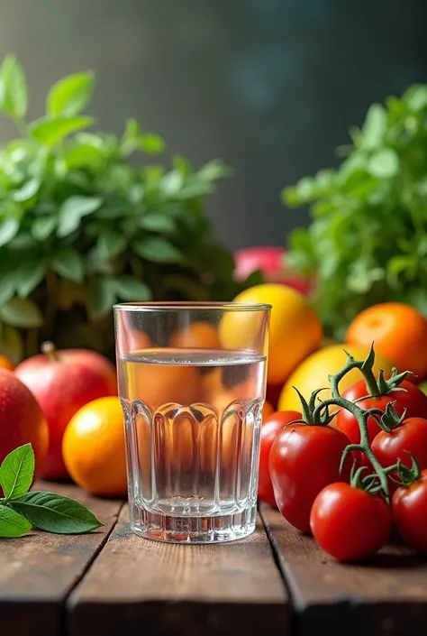 Image full of fruits and vegetables, water in a glass all on a desk