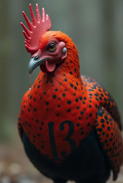 Create a red guinea fowl with black spots, the number 13 on the wings and crying sadly
